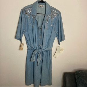 Vintage Monique Fashions Embellished Blue Denim Front Tie Romper Pearls Crystals